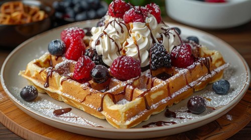 Plate of waffles with whipped cream, berries, and chocolate drizzle, AI Generated, AI generated
