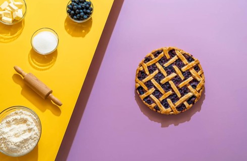 Making a blueberry pie from scratch with butter, sugar, flour, and fruits, on a seamless background