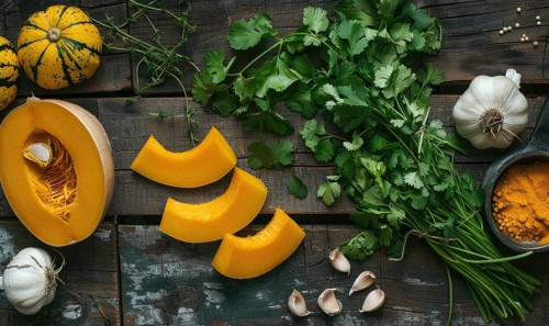 A top-down view of a wooden table with fresh cilantro, pumpkin wedges, garlic cloves AI generated