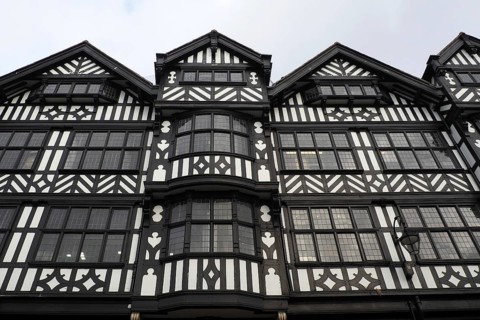 Traditional old Tudor English style half timbered buildings in Chester city centre