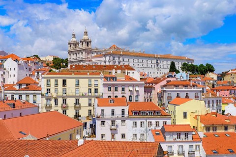 View of the city & Tagus River from Miradouro de Santa Luzia, an observation deck in Lisbon,