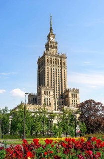 Tulips near Palace of Science and Culture in Warsaw, Poland, Europe