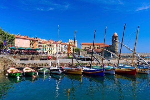 Boats at the harbor in the old town of Collioure, a seaside resort in Southern France
