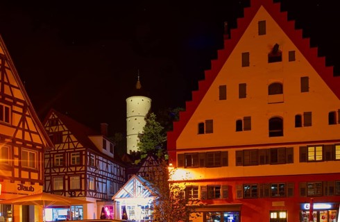 The white tower in Biberach an der Riss, night shot, Biberach, Baden-Würtemberg, Germany, Europe