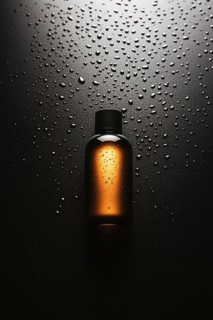 An amber bottle with water droplets, dramatically lit against a dark background, AI generated