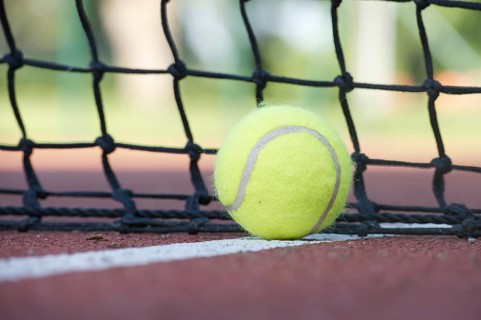 Tennis scene with black net, ball on white line in low angle view