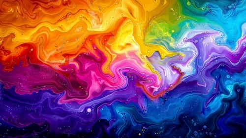 An energetic abstract painting with a flowing rainbow spectrum, featuring textured and vibrant