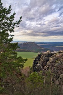 View from the Pfaffenstein. Forests, mountains, vastness, panorama. Landscape from the Elbe