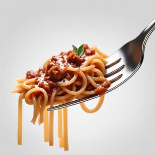A forkful of spaghetti with savory meat sauce and a small basil leaf in a minimalistic setting, AI