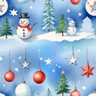 Snowmen and decorated Christmas trees against a blue snowy sky adorned with festive ornaments and