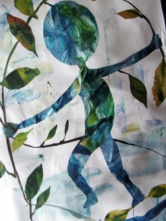 Nature-inspired artwork depicting a silhouette of a dancing figure made from leaves, AI generated