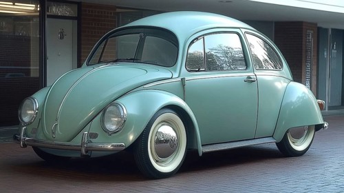 A mint green vintage car is parked on a brick pathway with a cool morning atmosphere, AI generated