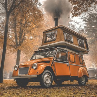 A vintage car with rooftop tent, surrounded by autumn trees and mist, with smoke coming from the