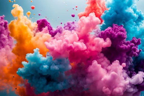 Vibrant paint cloud explosion with blue, pink, purple, and orange hues against a light background,