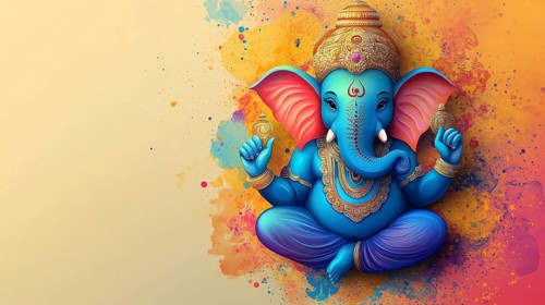 Blue Ganesha on a colorful backdrop radiating peaceful vibes, AI generated