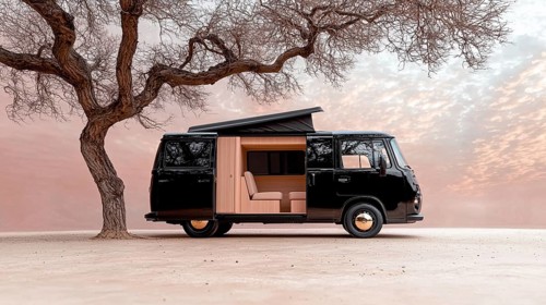 A black vintage camper van is parked by a tree in an open field during sundown, AI generated