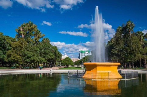Porto Alegre, Rio Grande do Sul, Brazil, March 29, 2021: Fountain of redemption square on a