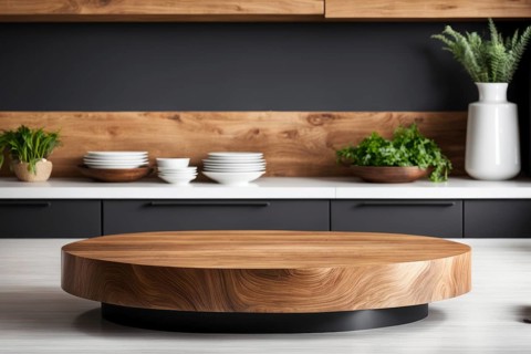 A modern kitchen with a wooden table, minimalist design, black elements, and clean aesthetics, AI