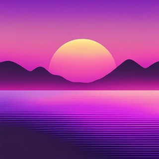 Minimalist sunset over mountains with water reflecting pink and purple hues, AI generated