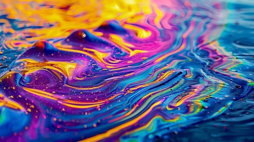 A vivid abstract artwork with bright pink, blue, and yellow hues and fluid textures creating a