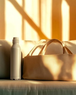 A white bottle and a beige bag on a fabric sofa with golden morning light and soft shadows,