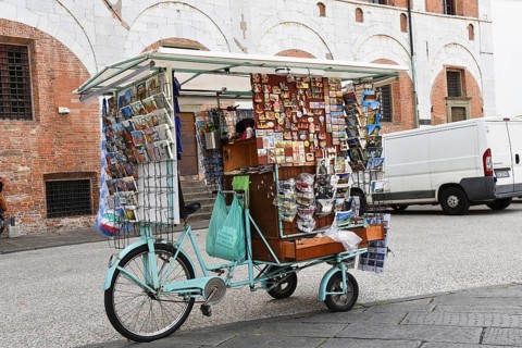 Lucca, Italy. September 18, 2023. Souvenir stall at the Lucca Cathedral