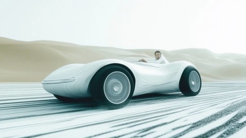 A sleek, futuristic car drifts through sandy dunes, kicking up clouds of dust. The sun sets in the