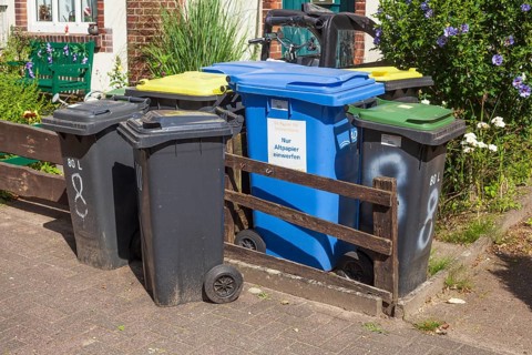 Colourful different dustbins standing in front of a house entrance, Delmenhorst, Lower Saxony,