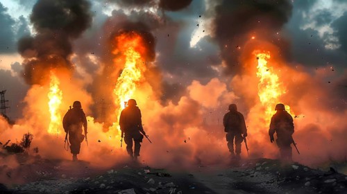 Four soldiers armed with rifles, in a dangerous mission, walking towards a wall of fire, with lots