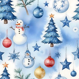 Festive winter themed illustration featuring snowmen, Christmas trees, and ornaments on a blue