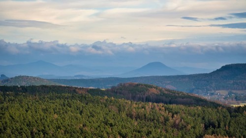 View from the Pfaffenstein. Forests, mountains, vastness, panorama. Landscape from the Elbe