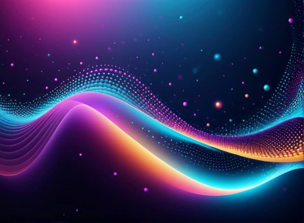 Glowing neon lights in purple and blue with scattered dots create a flowing wave pattern against a