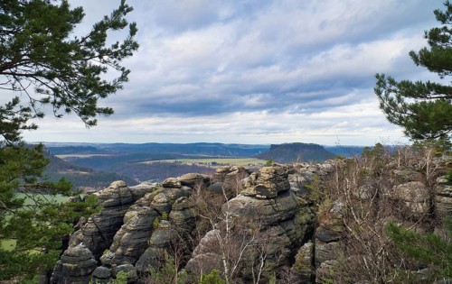 View from the Pfaffenstein in black and white. Forests, mountains, vastness, panorama. Landscape