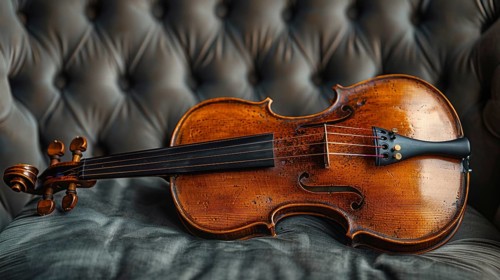 Classic wooden violin set against a dark, textured fabric, giving a refined and elegant impression,