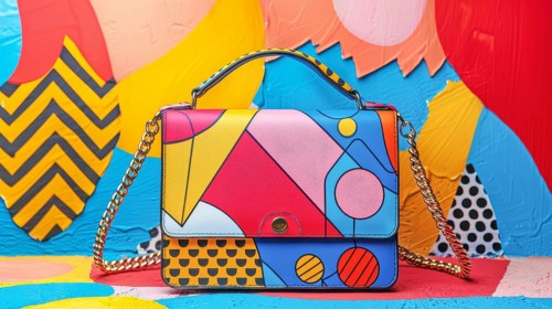 Handbag with abstract design and geometric patterns in vibrant colors, complemented by a gold