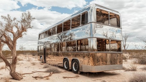 Chrome double-decker bus reflecting its surroundings in a desert with dry trees under a bright sky,