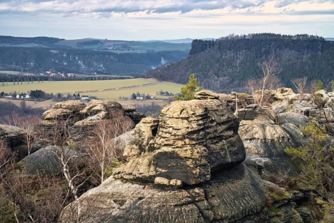 View from the Pfaffenstein in black and white. Forests, mountains, vastness, panorama. Landscape