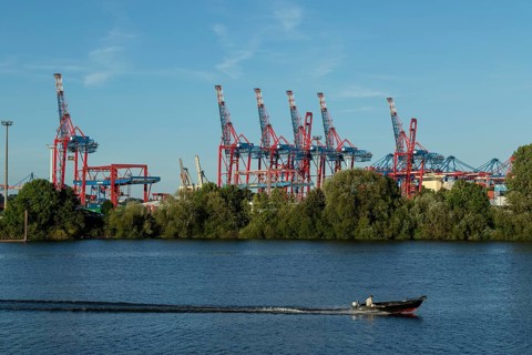 Symbolic picture weather, summer, view from Finkenwerder to motorboat, green vegetation on the
