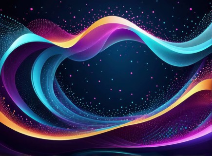 Vibrant neon waves in blue, purple and yellow colors flow against a dark background, creating a