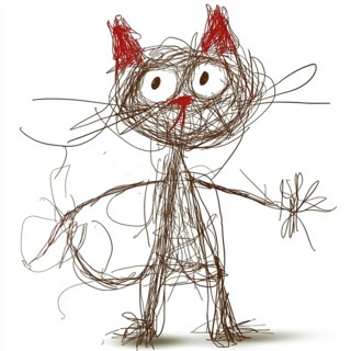 A scribbled cat with red ears, drawn in chaotic lines, giving a whimsical and childlike appearance,