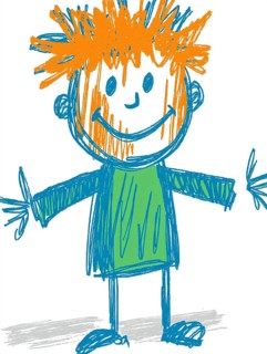 A playful childlike drawing of a stick figure with orange hair and colorful outfit, AI generated