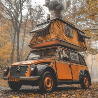 Foggy autumn forest scene with an orange vintage car with rooftop tent van, smoke rising from a