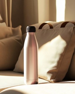 A silver metal water bottle with a black cap is illuminated by morning light, casting shadows on a