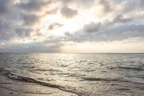 Beautiful seascape in the morning. Tropical sandy beach with breakwater and reflection of the sky