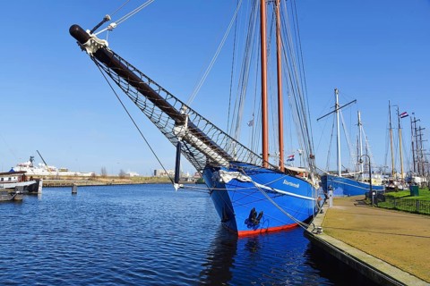 Den Helder, Netherlands. April 2023. The bow and bowsprit of an old schooner