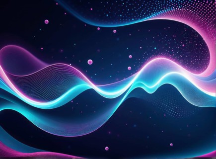 Glowing neon waves in pink and blue flow gracefully against a dark background, forming an abstract