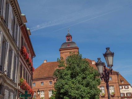 Historic building on the market square surrounded by trees and lanterns under a blue sky,