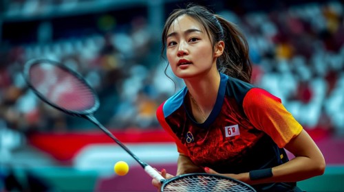 A badminton player wearing a black and red shirt intensely focused on an incoming shuttlecock