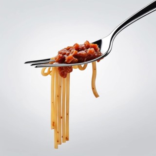 Minimalistic image of a fork holding spaghetti with a hint of meat sauce against a light
