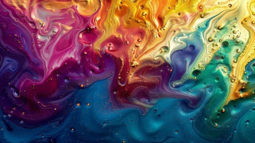 A dynamic abstract painting with vibrant pink, red, orange, blue, and green hues and textured